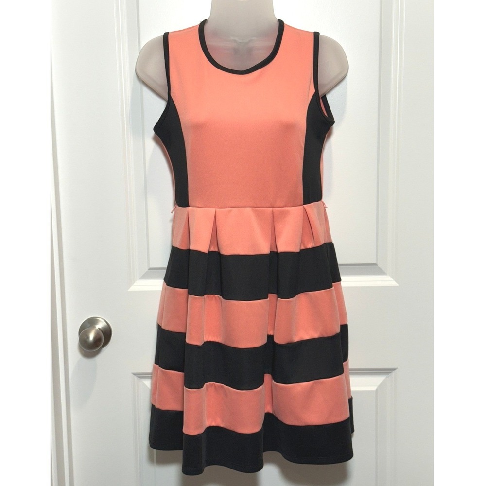 Mod Beautees Coral Black Striped Fit Flare Dress Juniors‎ 14 Rockabilly Peach